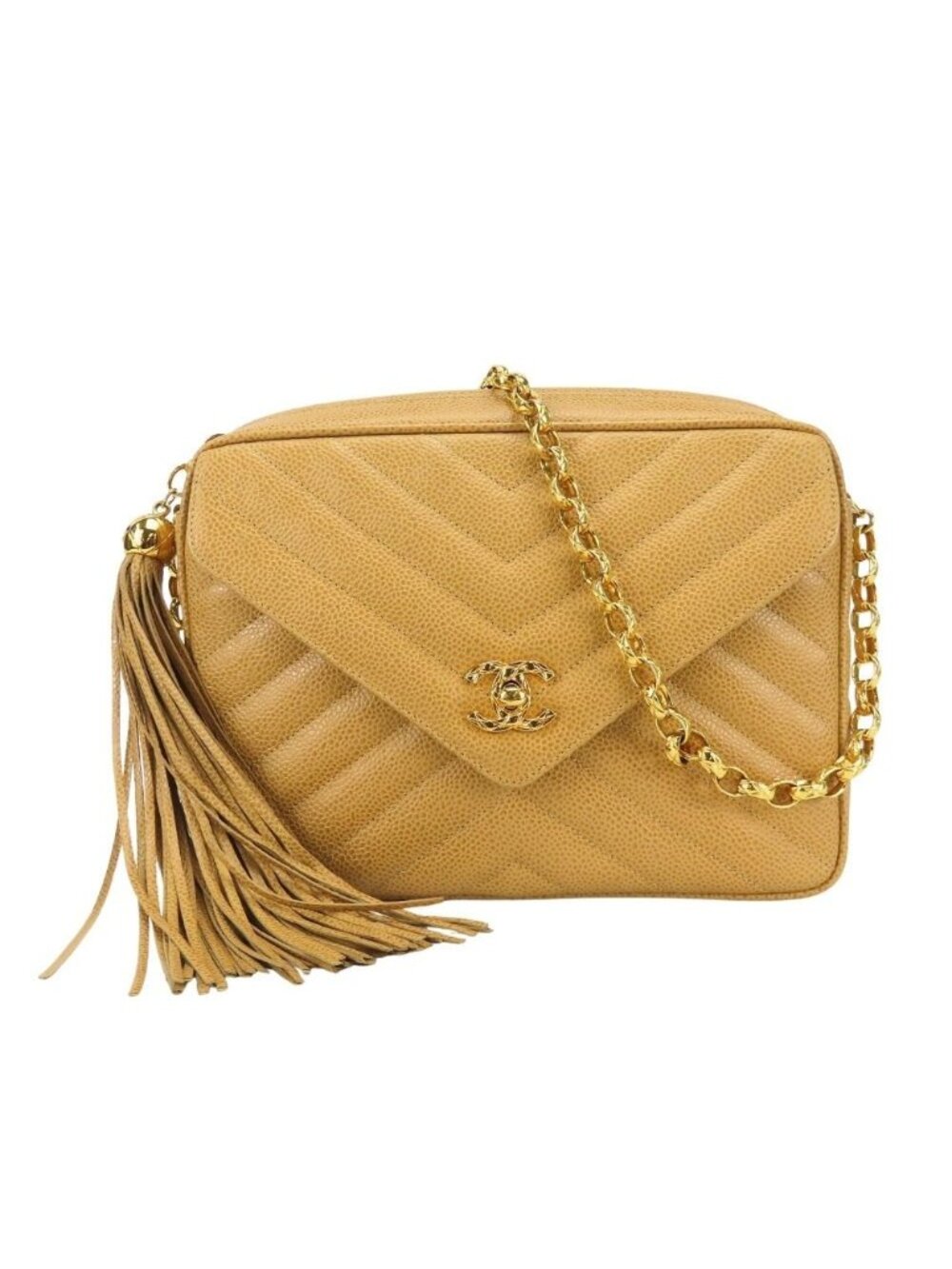 Chanel Shoulder Bag V-stitch Coco Caviar Leather Beige Gold Crossbody Chain